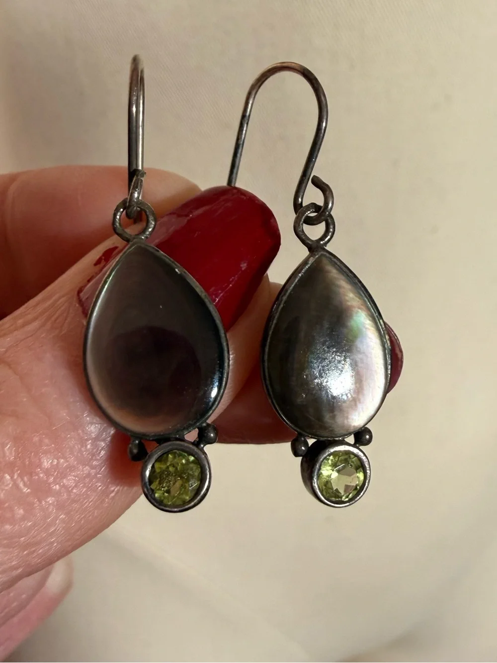 Sterling silver Abalone shell tear drop green Peridot Dangle Minimalist earrings